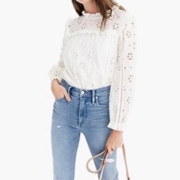 J.Crew ruffle neck long Sleeve eyelet top - white - Picture 2 of 9